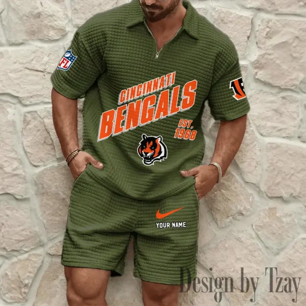 Cincinnati Bengals Men's Waffle Knit Short Sleeve Slim Fit Soft Summer And Shorts BSPTWHZSS318