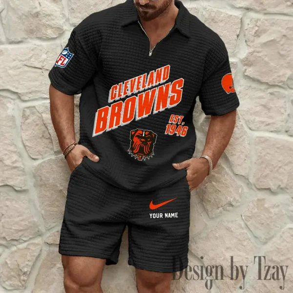 Cleveland Browns Men's Waffle Knit Short Sleeve Slim Fit Soft Summer And Shorts BSPTWHZSS319 - Image 3