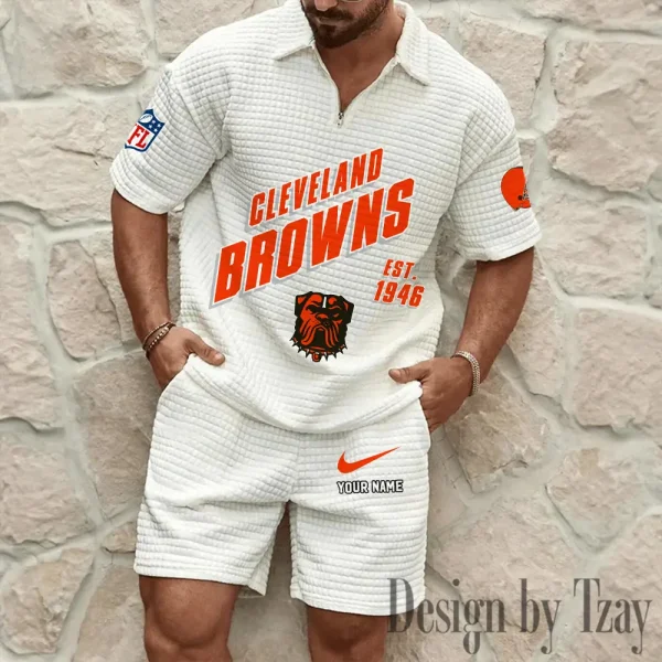 Cleveland Browns Men's Waffle Knit Short Sleeve Slim Fit Soft Summer And Shorts BSPTWHZSS319 - Image 5