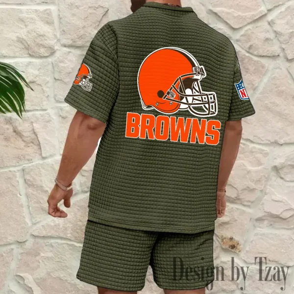 Cleveland Browns Men's Waffle Knit Short Sleeve Slim Fit Soft Summer And Shorts BSPTWHZSS319 - Image 2