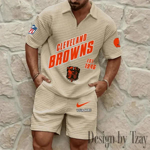 Cleveland Browns Men's Waffle Knit Short Sleeve Slim Fit Soft Summer And Shorts BSPTWHZSS319 - Image 9