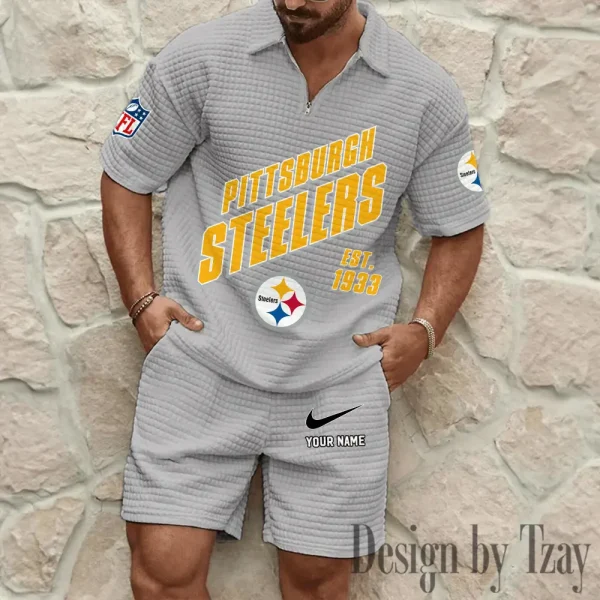 Pittsburgh Steelers Men's Waffle Knit Short Sleeve Slim Fit Soft Summer And Shorts BSPTWHZSS338 - Image 5