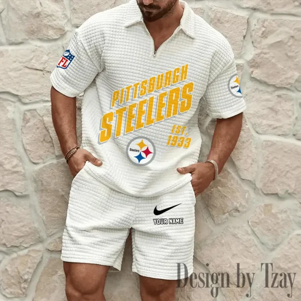 Pittsburgh Steelers Men's Waffle Knit Short Sleeve Slim Fit Soft Summer And Shorts BSPTWHZSS338 - Image 3