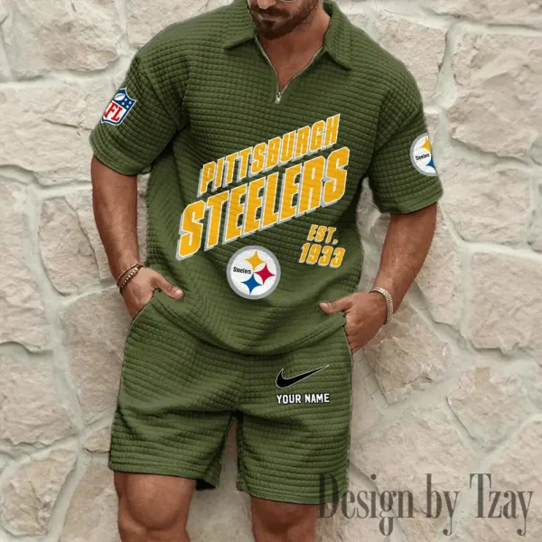Pittsburgh Steelers Men's Waffle Knit Short Sleeve Slim Fit Soft Summer And Shorts BSPTWHZSS338
