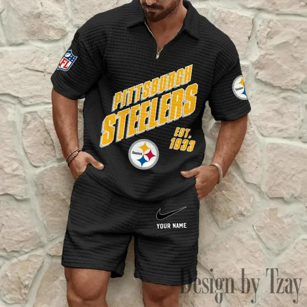 Pittsburgh Steelers Men's Waffle Knit Short Sleeve Slim Fit Soft Summer And Shorts BSPTWHZSS338 - Image 7