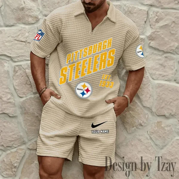 Pittsburgh Steelers Men's Waffle Knit Short Sleeve Slim Fit Soft Summer And Shorts BSPTWHZSS338 - Image 9