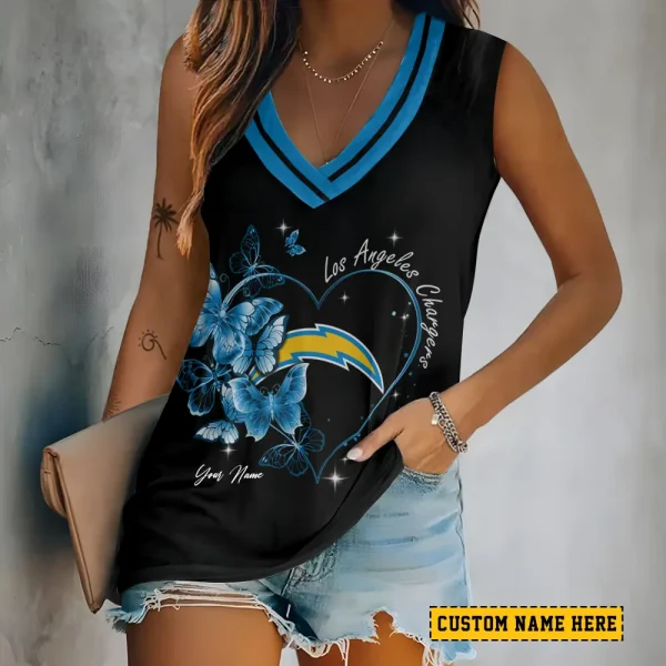 Los Angeles Chargers Tank Top Camisole Women Fashion V-Neck Short Sleeve Tshirt SPTVNECKWVTS384