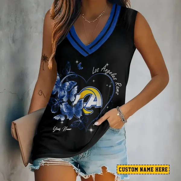 Los Angeles Rams Tank Top Camisole Women Fashion V-Neck Short Sleeve Tshirt SPTVNECKWVTS385