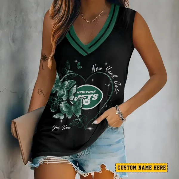 New York Jets Tank Top Camisole Women Fashion V-Neck Short Sleeve Tshirt SPTVNECKWVTS391