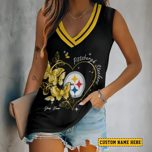 Pittsburgh Steelers Tank Top Camisole Women Fashion V-Neck Short Sleeve Tshirt SPTVNECKWVTS393