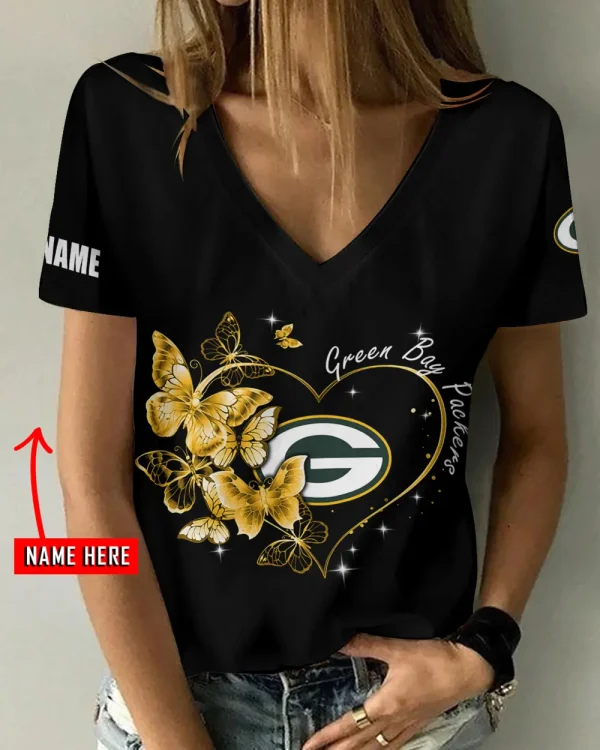Green Bay Packers Girl Clothes Summer V-neck Short-sleeved Tees New 2025 AGCWTS1073