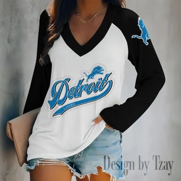 Detroit Lions Women's Long sleeves T-shirt V-neck Trending 2025 BGVPS469