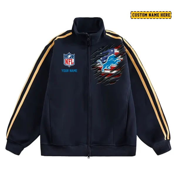 Detroit Lions Men's Jackets Trend Striped Stand-up Collar Baseball SPTJTSDUCB011 - Image 2