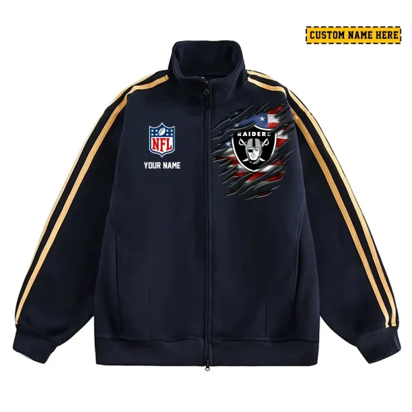 Las Vegas Raiders Men's Jackets Trend Striped Stand-up Collar Baseball SPTJTSDUCB017 - Image 2