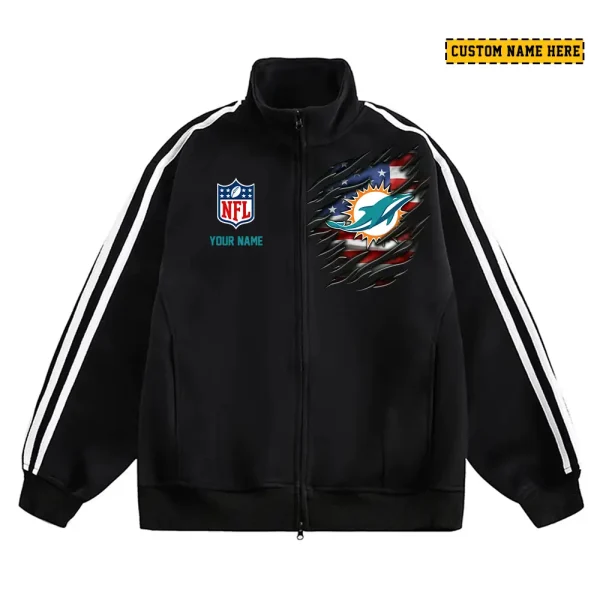 Miami Dolphins Men's Jackets Trend Striped Stand-up Collar Baseball SPTJTSDUCB020