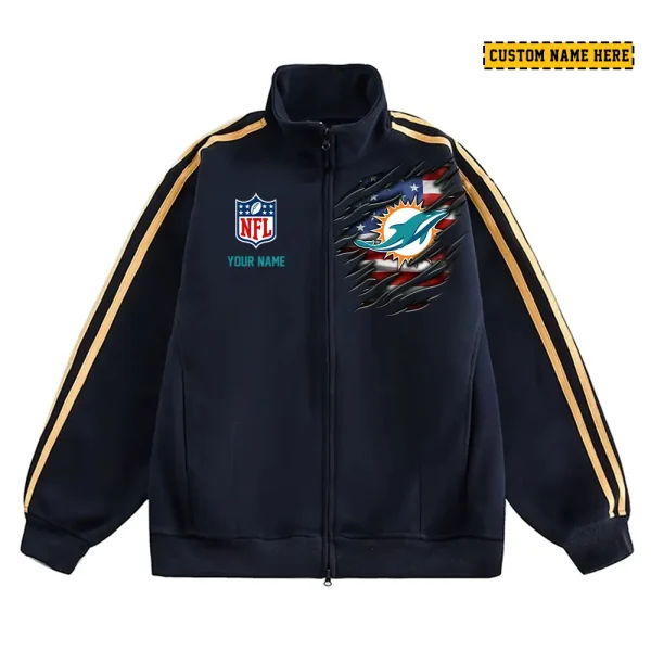 Miami Dolphins Men's Jackets Trend Striped Stand-up Collar Baseball SPTJTSDUCB020 - Image 2