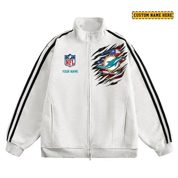 Miami Dolphins Men's Jackets Trend Striped Stand-up Collar Baseball SPTJTSDUCB020 - Image 3