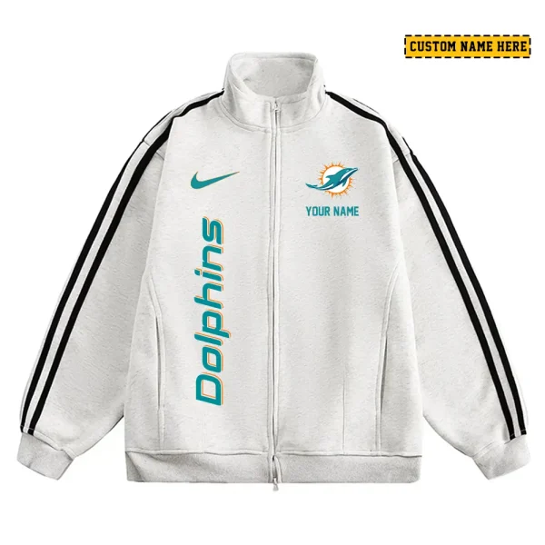 Miami Dolphins Men's Jackets Trend Striped Stand-up Collar Baseball SPTJTSDUCB052