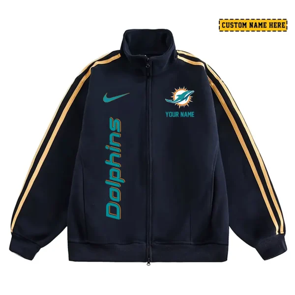 Miami Dolphins Men's Jackets Trend Striped Stand-up Collar Baseball SPTJTSDUCB052 - Image 2
