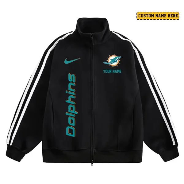 Miami Dolphins Men's Jackets Trend Striped Stand-up Collar Baseball SPTJTSDUCB052 - Image 3