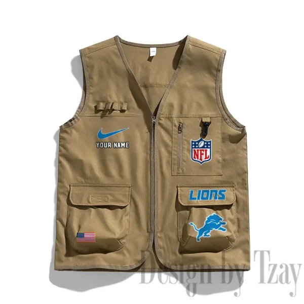 Detroit Lions Men's Outdoor Camping Jacket Vest Multi-Pocket Mountain Series SPTMOCJVMP011