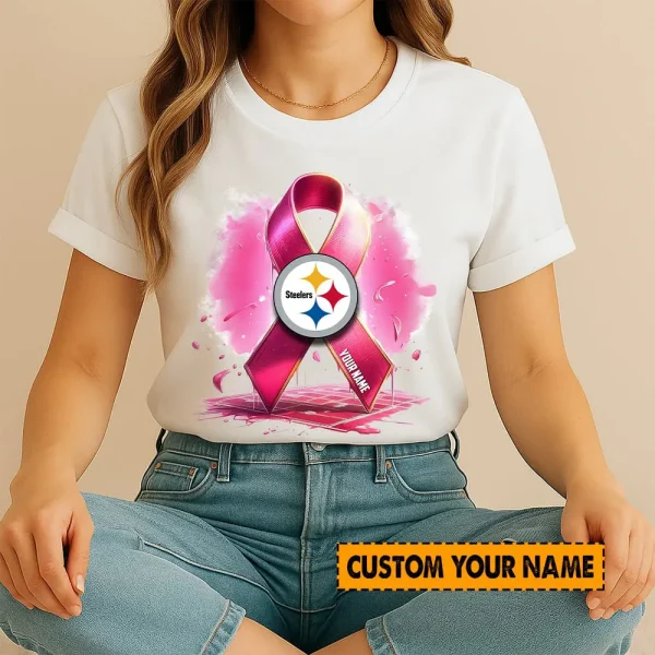 Pittsburgh Steelers American Football Pink Cancer Shirt Custom Any Name Gift For Fan AZTS1574 - Image 3