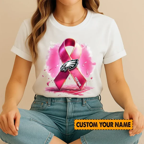 Philadelphia Eagles American Football Pink Cancer Shirt Custom Any Name Gift For Fan AZTS1576 - Image 3