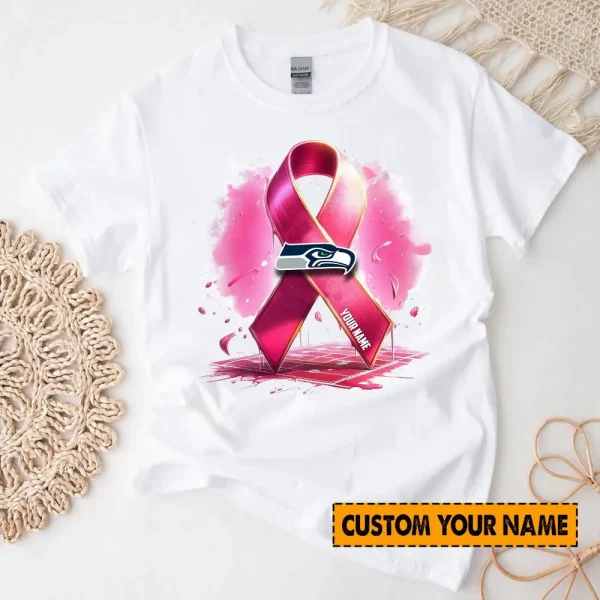 Seattle Seahawks American Football Pink Cancer Shirt Custom Any Name Gift For Fan AZTS1581 - Image 2
