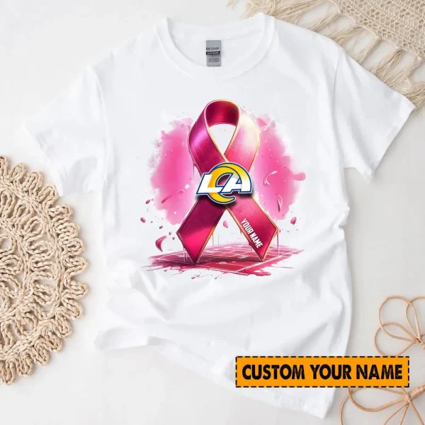 Los Angeles Rams American Football Pink Cancer Shirt Custom Any Name Gift For Fan AZTS1584 - Image 2