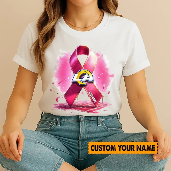 Los Angeles Rams American Football Pink Cancer Shirt Custom Any Name Gift For Fan AZTS1584 - Image 3