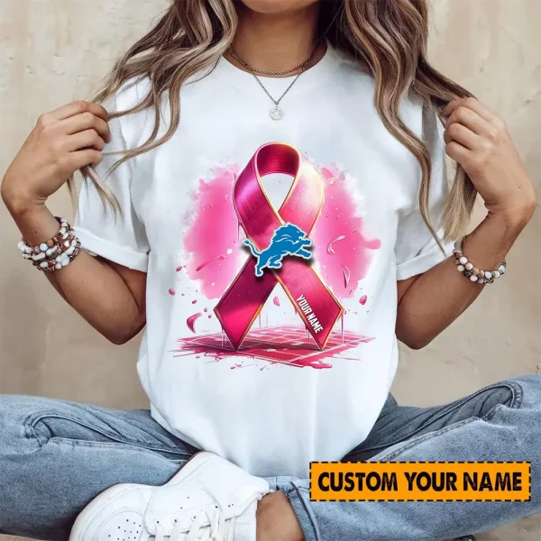 Detroit Lions American Football Pink Cancer Shirt Custom Any Name Gift For Fan AZTS1590