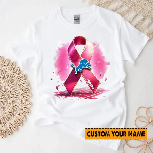 Detroit Lions American Football Pink Cancer Shirt Custom Any Name Gift For Fan AZTS1590 - Image 2