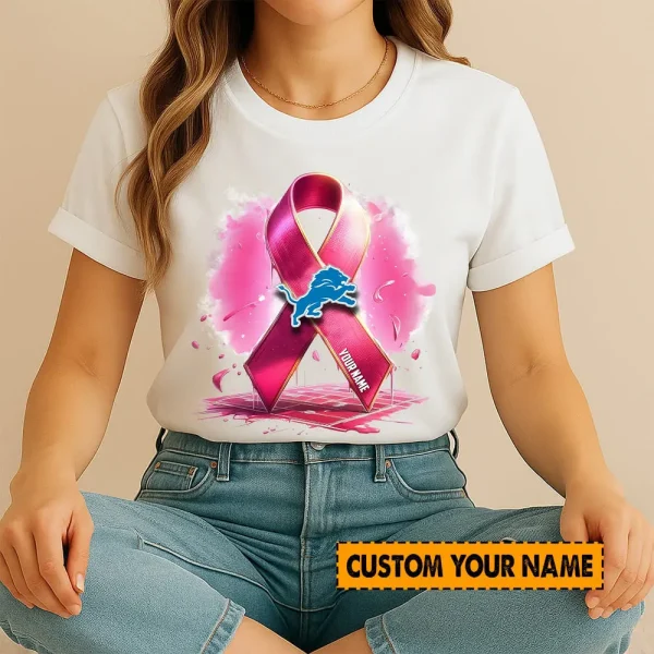 Detroit Lions American Football Pink Cancer Shirt Custom Any Name Gift For Fan AZTS1590 - Image 3