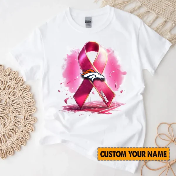 Denver Broncos American Football Pink Cancer Shirt Custom Any Name Gift For Fan AZTS1593 - Image 3