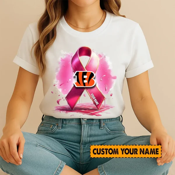 Cincinnati Bengals American Football Pink Cancer Shirt Custom Any Name Gift For Fan AZTS1600 - Image 3