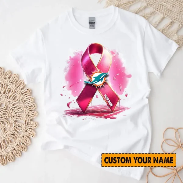 Miami Dolphins American Football Pink Cancer Shirt Custom Any Name Gift For Fan AZTS1602 - Image 2
