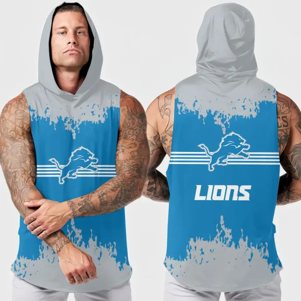 Detroit Lions Men's Workout Hooded Tank Top Summer Fitness Training Hoodie Sleeveless style 2025 AZHTT502