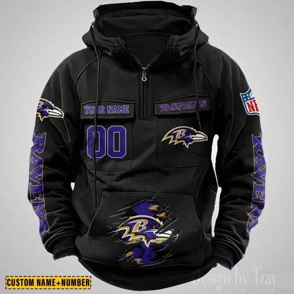 Baltimore Ravens NFL Multi Pocket Zipper Retro Hoodie AZVMHD832
