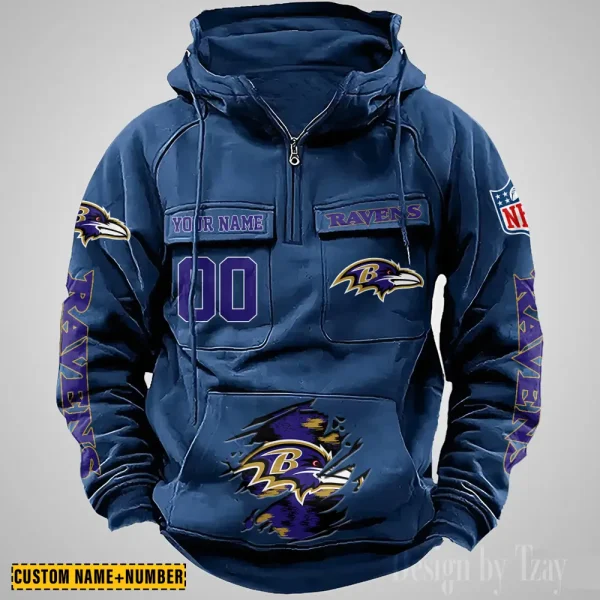 Baltimore Ravens NFL Multi Pocket Zipper Retro Hoodie AZVMHD832 - Image 2