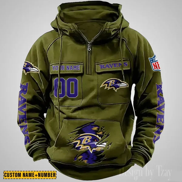 Baltimore Ravens NFL Multi Pocket Zipper Retro Hoodie AZVMHD832 - Image 4