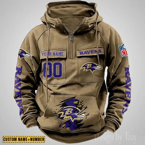 Baltimore Ravens NFL Multi Pocket Zipper Retro Hoodie AZVMHD832 - Image 5