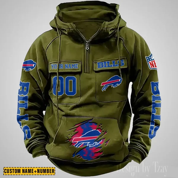 Buffalo Bills NFL Multi Pocket Zipper Retro Hoodie AZVMHD833 - Image 4