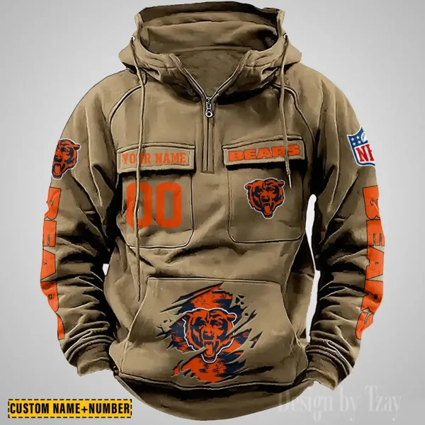 Chicago Bears NFL Multi Pocket Zipper Retro Hoodie AZVMHD835 - Image 3