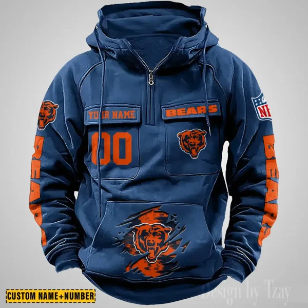 Chicago Bears NFL Multi Pocket Zipper Retro Hoodie AZVMHD835 - Image 4
