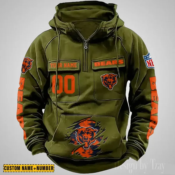 Chicago Bears NFL Multi Pocket Zipper Retro Hoodie AZVMHD835 - Image 5