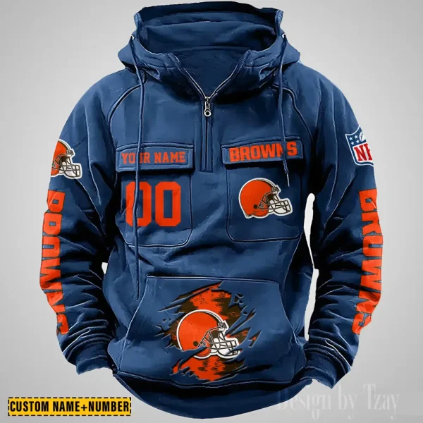 Cleveland Browns NFL Multi Pocket Zipper Retro Hoodie AZVMHD837 - Image 3