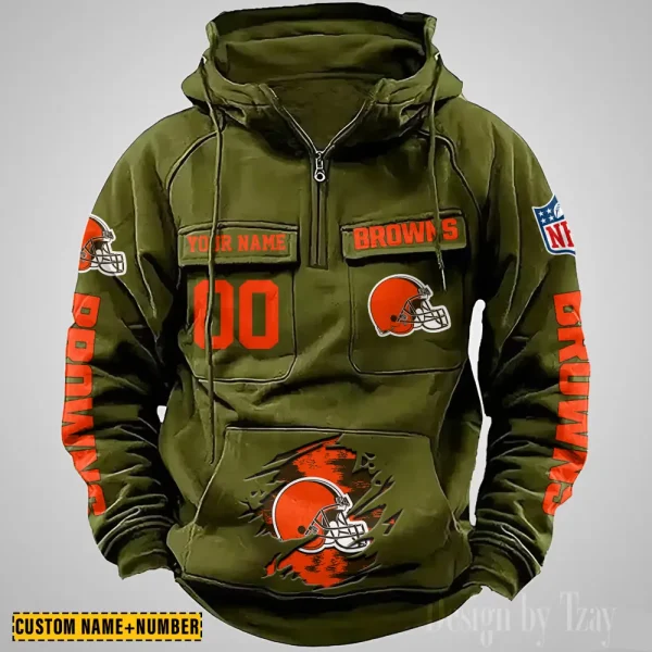 Cleveland Browns NFL Multi Pocket Zipper Retro Hoodie AZVMHD837 - Image 4