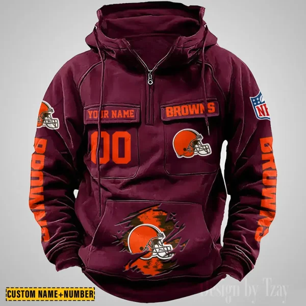 Cleveland Browns NFL Multi Pocket Zipper Retro Hoodie AZVMHD837 - Image 5