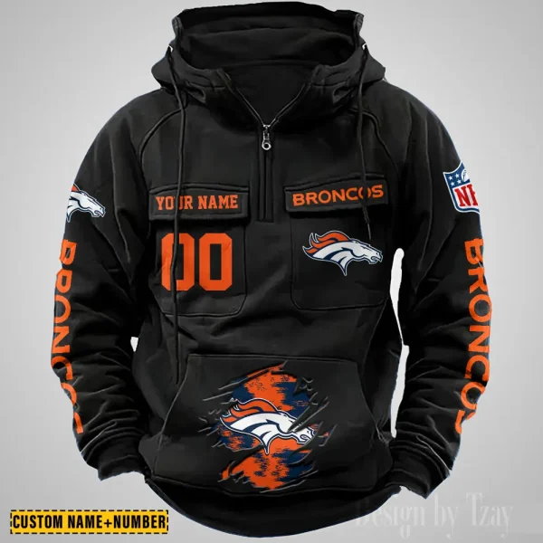 Denver Broncos NFL Multi Pocket Zipper Retro Hoodie AZVMHD840 - Image 2