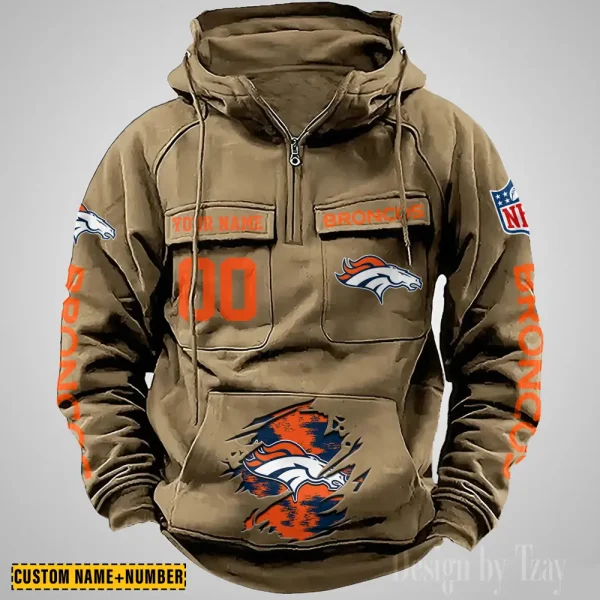 Denver Broncos NFL Multi Pocket Zipper Retro Hoodie AZVMHD840 - Image 3